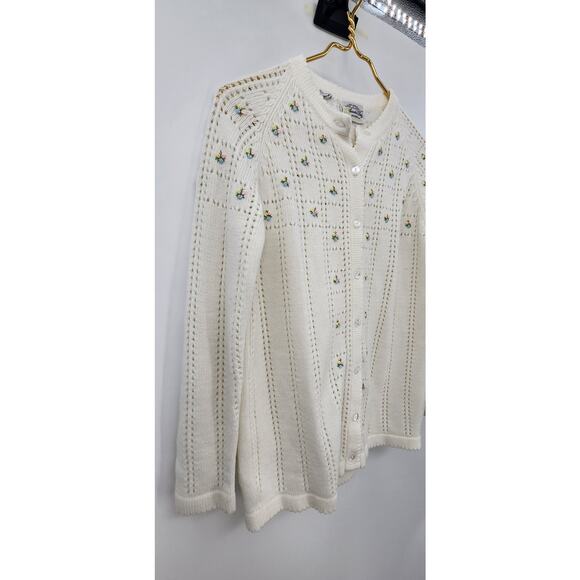 Vintage Dainty Elegant Open Knit White Floral Detail Cardigan Sweater Size Large - Picture 3 of 7